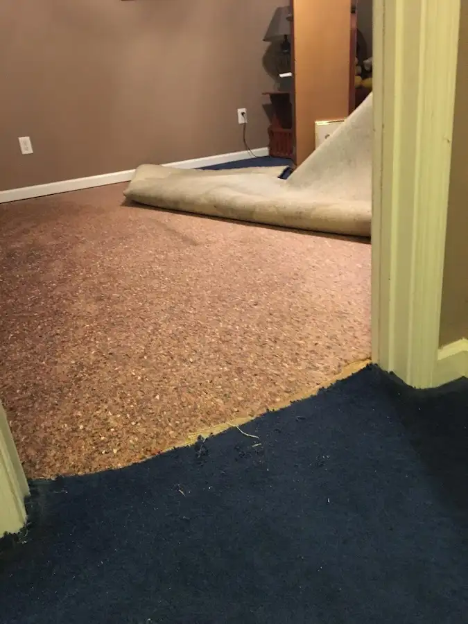 Carpet pad removal revealing water damage during Water Mitigation Services in Paola